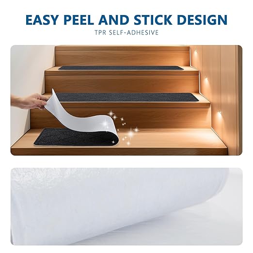 Stair Treads for Wooden Steps Indoor, KOOTETA 15 Pack 8" X 30" Non Slip Carpet Stair Treads with Reusable Adhesive for Kids Elders and Dogs, Surface Polyester TPR Backing Stair Rugs, Black