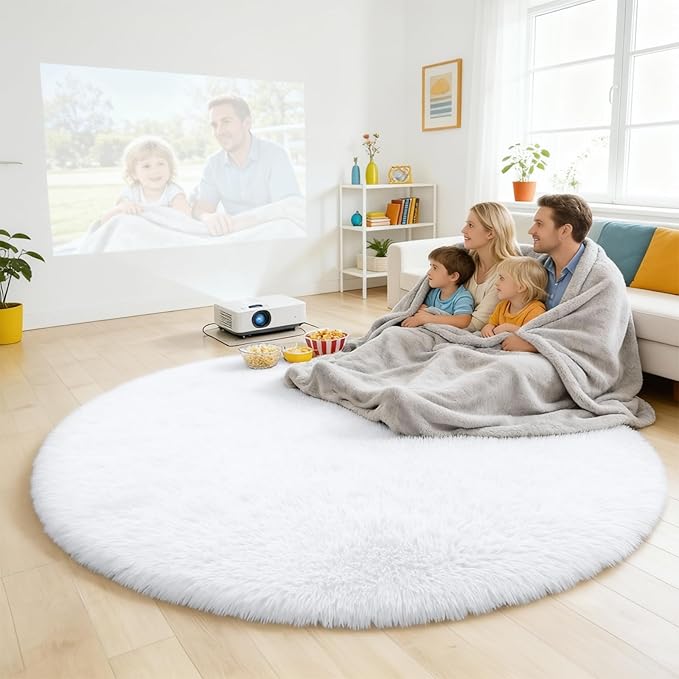 OLANLY White Round Rugs for Bedroom - Machine Washable, 9 ft Circle Area Rugs for Living Room, Soft and Fluffy Shaggy Carpet for Teen Girls and Boys, Nursery Rooms, Dorms, Home Decor Aesthetic