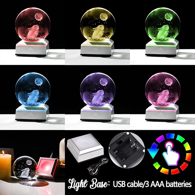 3.15in. Crystal Ball Engraved 3D Rabbit and Moon Stars Figurine Paperweght with LED Light Base, Glass Bunny Sphere Decor Birthday Easter Gifts for Women Boys Girls
