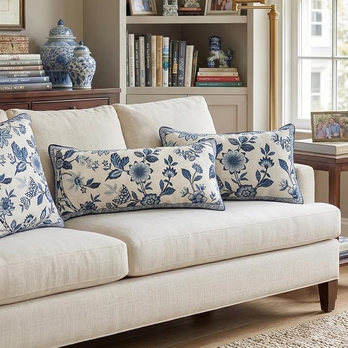 bilin gaier Designer Linen Throw Pillow Covers,28"x12" Set of 2-Suqing A | Vintage Elegant Rectangular Pillow Cover,Concealed Zipper,Blue Floral Pattern,Sofas,Bedroom,Living Room,Lounge Chairs
