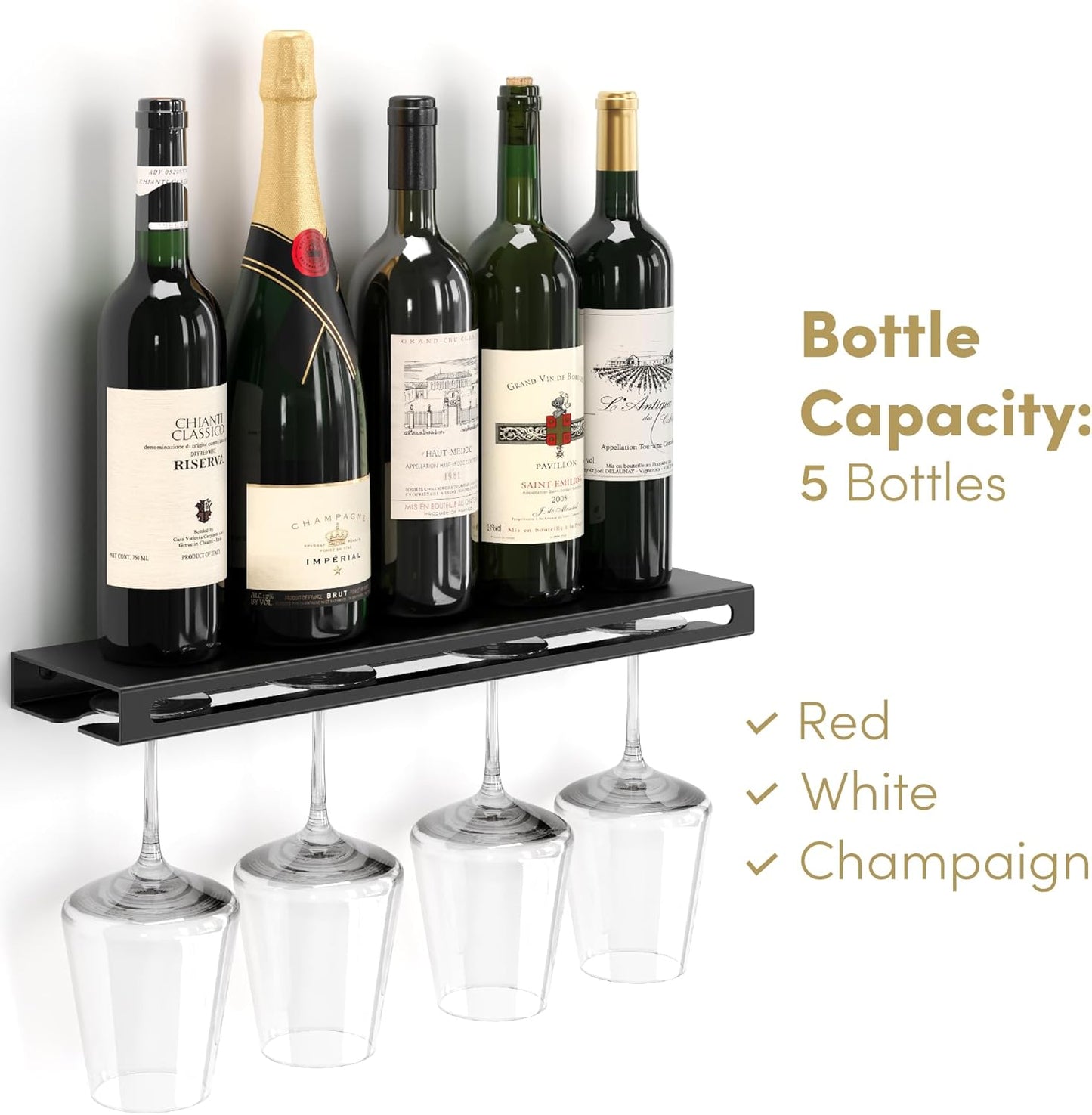 Wall Mounted Wine Rack – Metal Floating Bar Shelf with Bottle and Glass Holder, Holds 5 Bottles and 4-6 Glasses