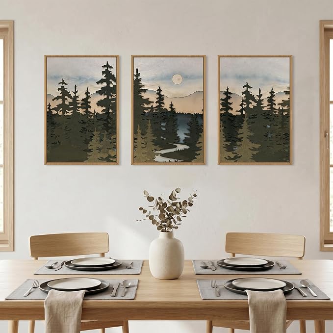HPNIUB Woodcut Style Mountain Framed Wall Art Set,Vintage Pine Tree Wall Decor,Boho Sunset Nature Art Print,Wilderness Forest Artwork for Living Room, Bedroom,Dining Room,Office-16''x24''x3