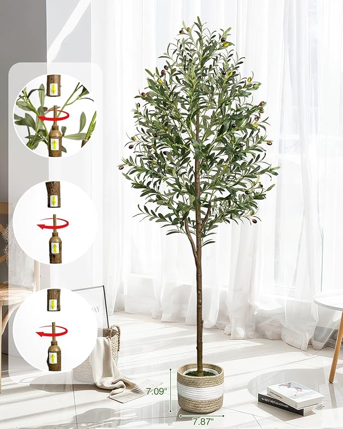 Artificial Olive Tree 5.5FT Faux Indoor Decorative Plant | Tall Trees with Planter&Basket, Large Fake Olive Silk Realistic Olive Plants with Branches for Home Decor Office Living Room