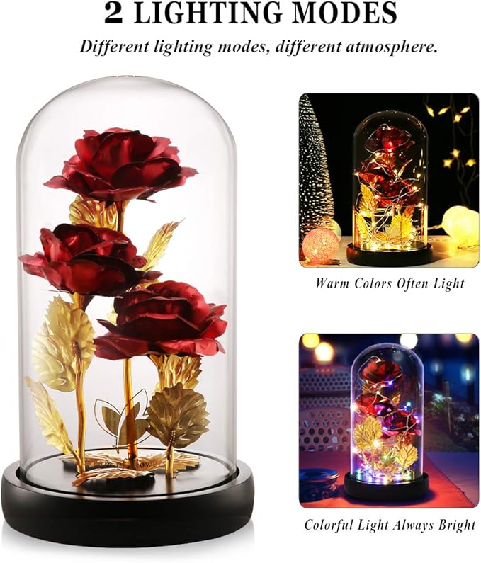 Valentines Day Gifts for Her,Beauty and The Beast Rose Birthday Gift,Galaxy Flower Rose with 2 Light Modes,Colorful Crystal Flower Enchanted Rose in Glass Dome,Womens Gifts for Mom Wife Girlfriend