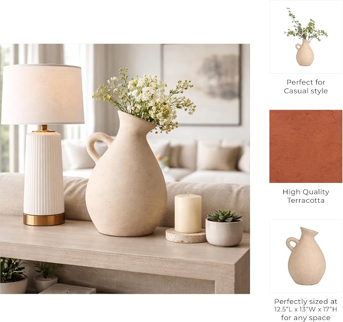 Terracotta Jug with Handle Vase for Living Room Decor - Decorative Home Accents for Bedroom, Office, and Table Centerpiece - Modern Flower Vase for Kitchen Counter and House Styling - 17", Ivory & Tan