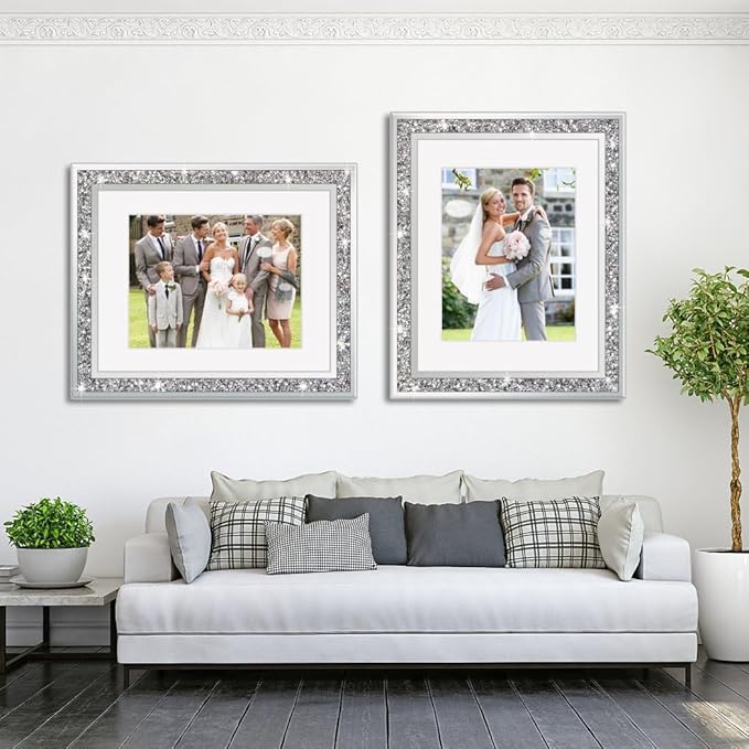 ALLARTONLY Big Mirror Photo Frame 16x20inch Mat To 11x14inch Crushed Diamond Bling Sparkle Home Decor, 2 Pack Crystal Silver Glass Wedding Picture Poster Wall Frame.