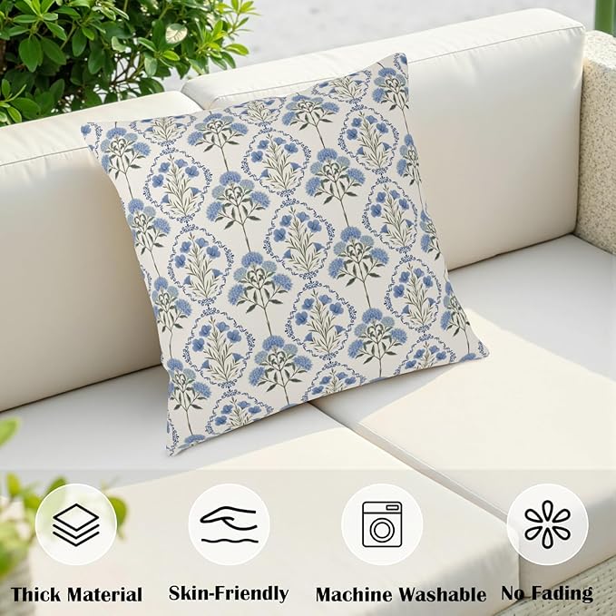 Pack of 2 Floral Pillow Covers Spring Summer Vintage Throw Pillow Covers 22x22 Blue Green Boho Flower Block Print Pillow Cases Hydrangea Farmhouse Cushion Case for Home Sofa