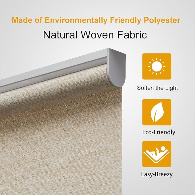 Persilux Custom Size Natural Woven Cordless Roller Shades, Free-Stop Window Shades for Home, Roller Window Shades, Light Filtering Window Blinds for Windows, Kitchen and Door (Khaki)