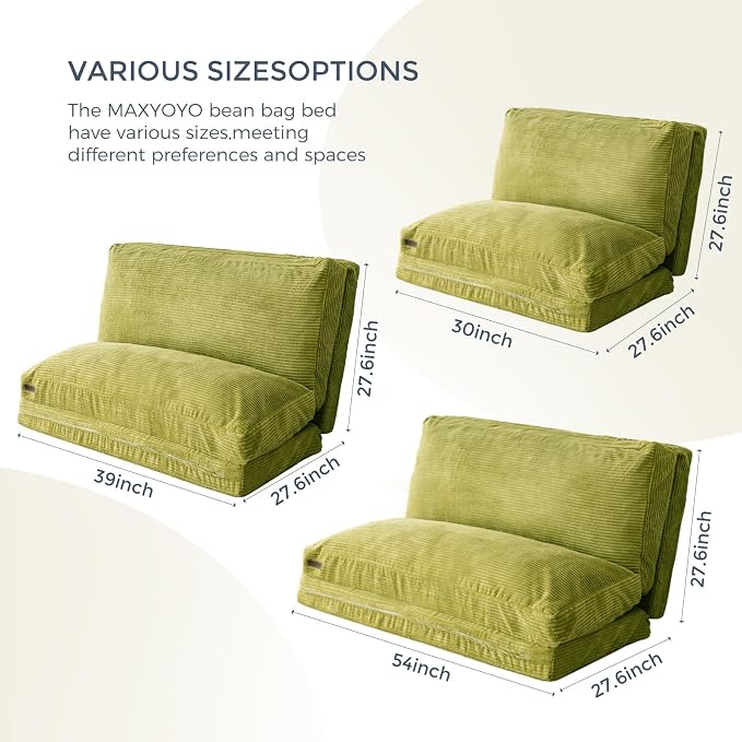 MAXYOYO Folding Sofa Bed, Extra Thick and Long Floor Sofa Convertible Chair with Washable Cover, Floor Couch Lounge Bean Bag Bed for Living Room, Green, 30x91 Inch