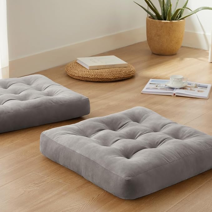 Meditation Floor Pillow Set of 2, Square Large Pillows Seating for Adults, Meditation Cushion Pillow,Tufted Corduroy Cushion for Tatami Living Room or Yoga, Light Gray, 22x22 Inch
