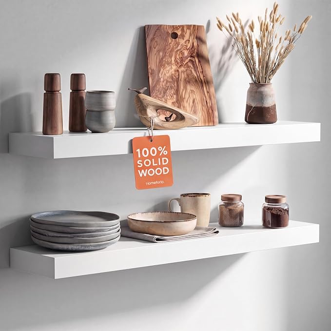 Homeforia White Floating Shelves 30 inch, High End Solid Real Wood 30inch Floating Shelf for Wall Mounted, White Wooden 30in Long Floating Shelves, Heavy Duty Bracket, 30 X 6.5 X 1.75 inches, Set of 2