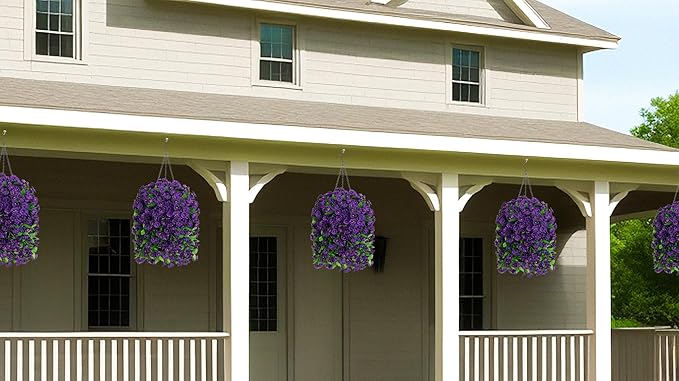 Ammyoo Artificial Faux Hanging Flowers Basket for Spring Summer Outdoor Porch Decor, Fake Silk Colorful Morning Glory Eucalyptus in Planter UV Resistant Look Real for Home Balcony Yard(Dark Purple)