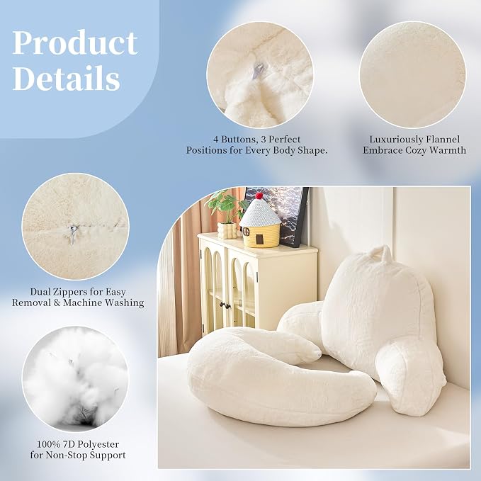 17" Reading Pillow for Bed,U Shaped Arm & Elbow Support,White Faux Fur | Backrest Supports Back,U Shaped Lap Pillow Cushions Arms,Elbows & Wrists,Plush Faux Fur for Reading,Gaming,Watching TV
