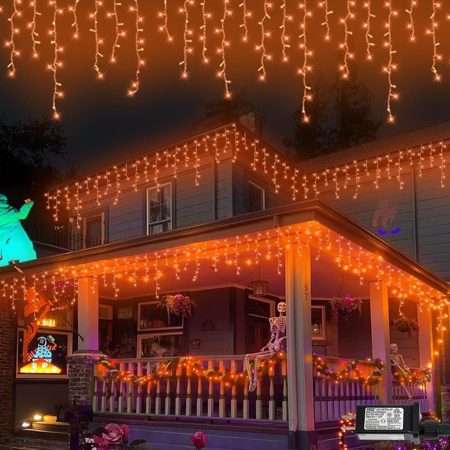 QITONG Orange Lights for Halloween, 66ft 800 LED Icicle Light for Outside with 8 Modes, Clear Wire Connectable Christmas Lights Indoor Plug in