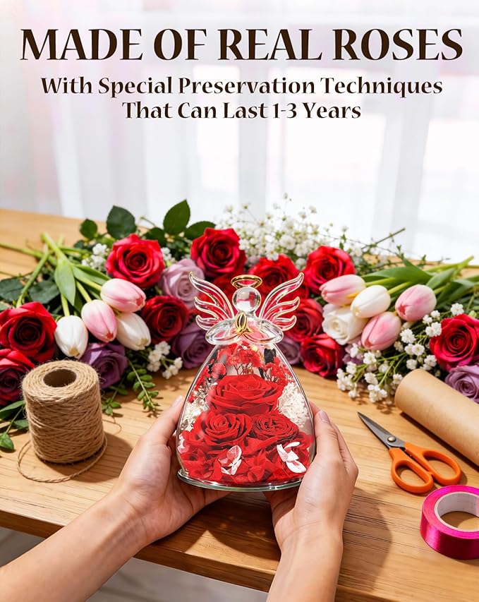homeasy Flowers Gifts for Women Wife, Preserved Flowers Rose in Glass Angel Figurines, Birthday Anniversary Forever Fresh Flowers for Delivery Gift Box with 3D Card for Mom Her Girlfriend