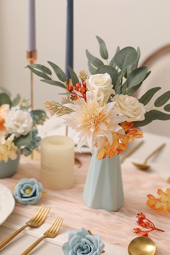 rongflower Artificial Flowers Combo Fake Silk Flowers Fall Bouquets for DIY Wedding Bouquets Centerpieces Party Baby Shower Home Decorations (Blue White)