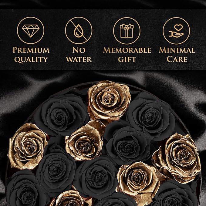 17 Black & Gold Forever Roses, Velvet Box - Luxury Black Roses for Mothers Day, Mothers Day Roses, Gifts for Women, Mother's Day Flowers for Mom, Black Roses for Delivery Prime