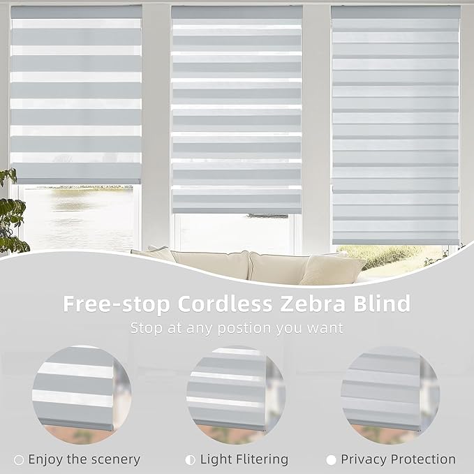 ChrisDowa Cordless Zebra Blinds for Windows, Dual Layer Free-Stop Light Filtering Window Roller Shades, Pull Down Privacy Zebra Shades for Home, Office, Bedroom, Door (34" W x 72" H, Light Grey)