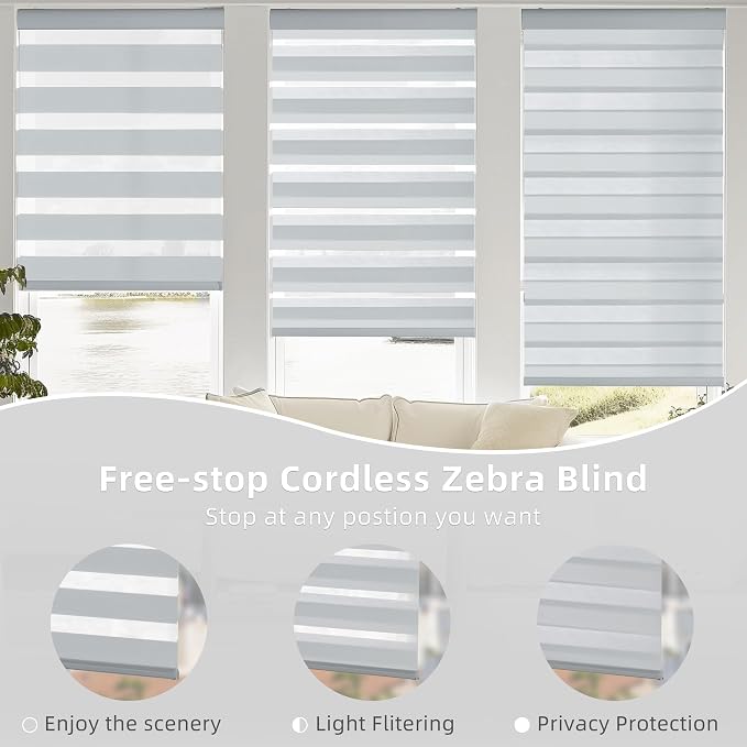 ChrisDowa Cordless Zebra Blinds for Windows, Dual Layer Free-Stop Light Filtering Window Roller Shades, Pull Down Privacy Zebra Shades for Home, Office, Bedroom, Door (29" W x 72" H, Light Grey)