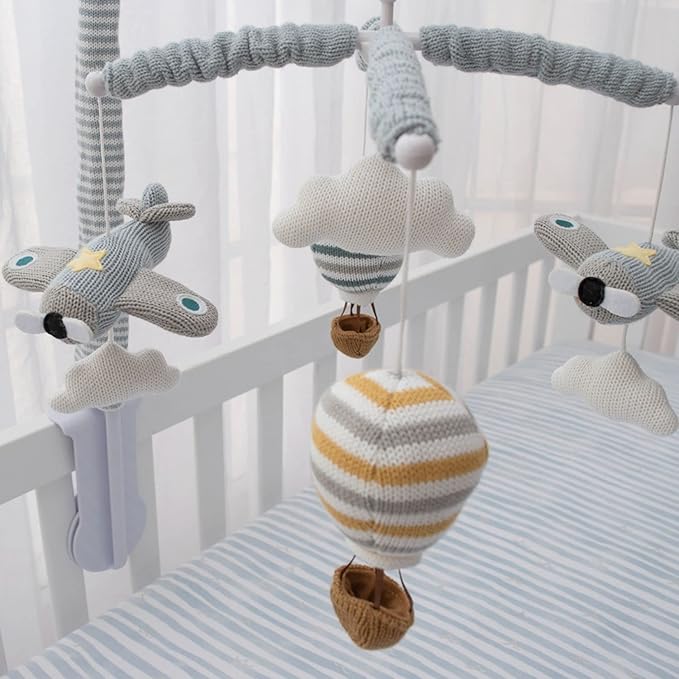Baby Crib Mobile for Boys - Up Up and Away - Premiun Musical Nursery Decor, Sky Hot Air Balloon, Clouds & Planes, Calming Music Soother with 12 Lullabies - Essential & Perfect Gift by Living Textiles