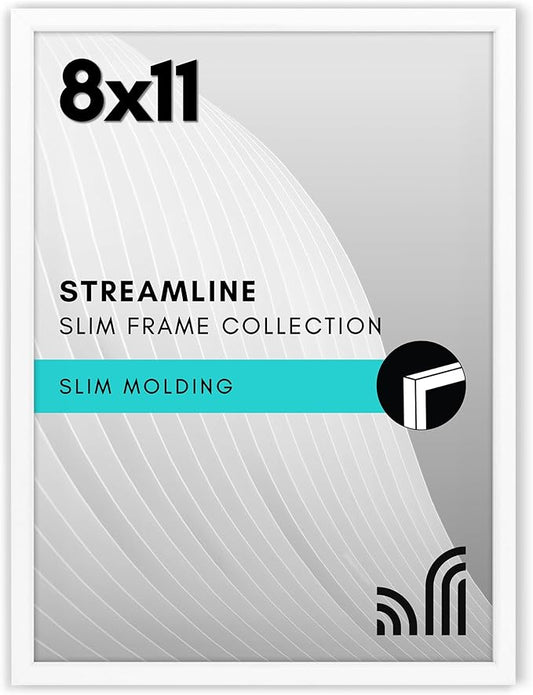 Americanflat 8x11 Picture Frame with Shatter-Resistant Glass - Streamline Collection - Thin Border Photo Frame for Tabletop and Wall Display - Hanging Hardware and Easel Stand Included - White