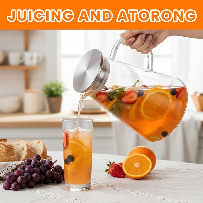 LemonRoad 7 Pcs Glasses Pitcher Drinkware Set 68oz/2000ml Pitcher Carafe and 6 Tall Drinking Beverage Set, Jug with Lid and Spout for Juice, Iced Tea or Water