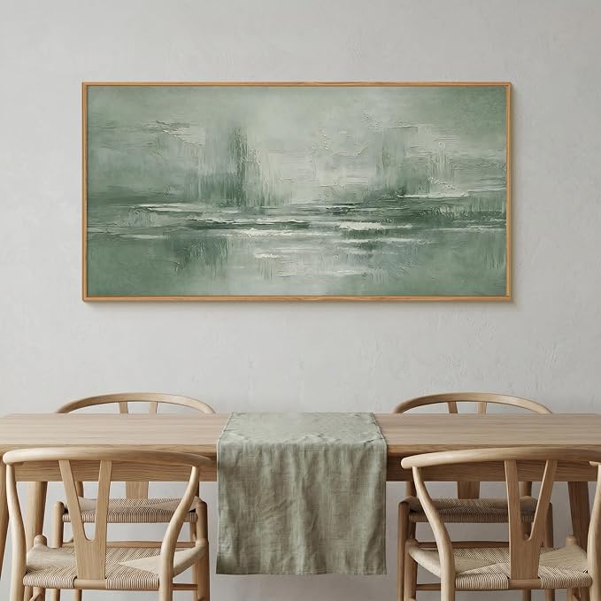 HPNIUB Large Abstract Sage Green Framed Canvas Wall Art Set,Vintage Neutral Brush Stroke Wall Decor, Minimalist Lake Landscape Artwork for Living Room,Bedroom,Office -20"x40"x1