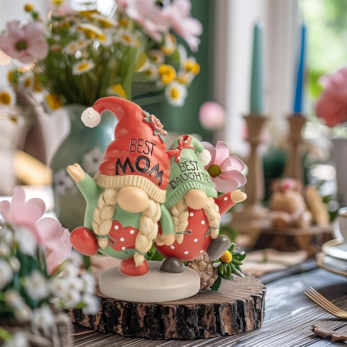 Mothers Day Gnome Figurines, Red Green Resin Best Mom Daughter Gnome Decor, Small Statue Birthday Gifts for Mom, Indoor Table Top Centerpieces Shelf Desk Tiered Tray Mantel Home Decorations