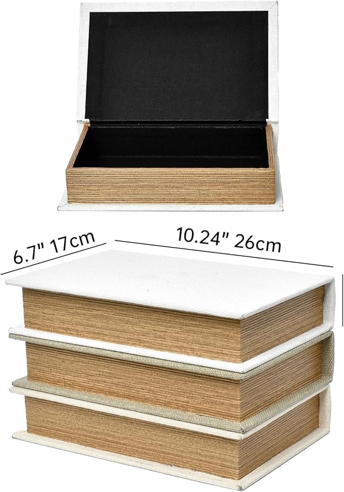 DECOR4SEASON Modern Linen and Wood Decorative Faux Book Boxes Set of 3,10", Taupe,Beige,Off White