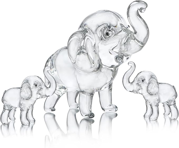 HDCRYSTALGIFTS Set of 3, Crystal Elephant Figurines Collectible Lucky Glass Animals Paperweight Ornament Home Decor Table Centerpiece Gift (3.5'' Mother and 2'' Two Babies)