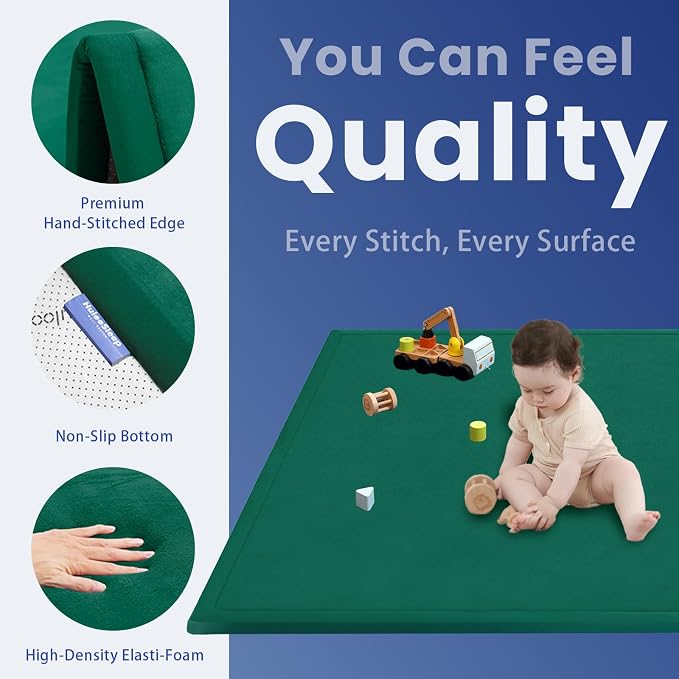 Baby Play Mat for Floor,1.3" Thick Elasti-Foam 74×50 Play Mat for Toddlers Infant Kids,Water-Repellent Soft Coral Velvet for Tummy Time, Non-Slip Backing for Crawling,Tatami Style(Dark Green)