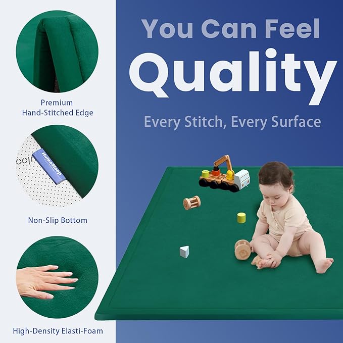 Baby Play Mat for Floor,1.3" Thick Memory Foam Tummy Time Mat,Water Repellent Soft Velvet Nursery Rug,Extra Large Non Slip for Crawling,Toddlers,Infants,Kids,Tatami Style for Living Room(Dark Green)