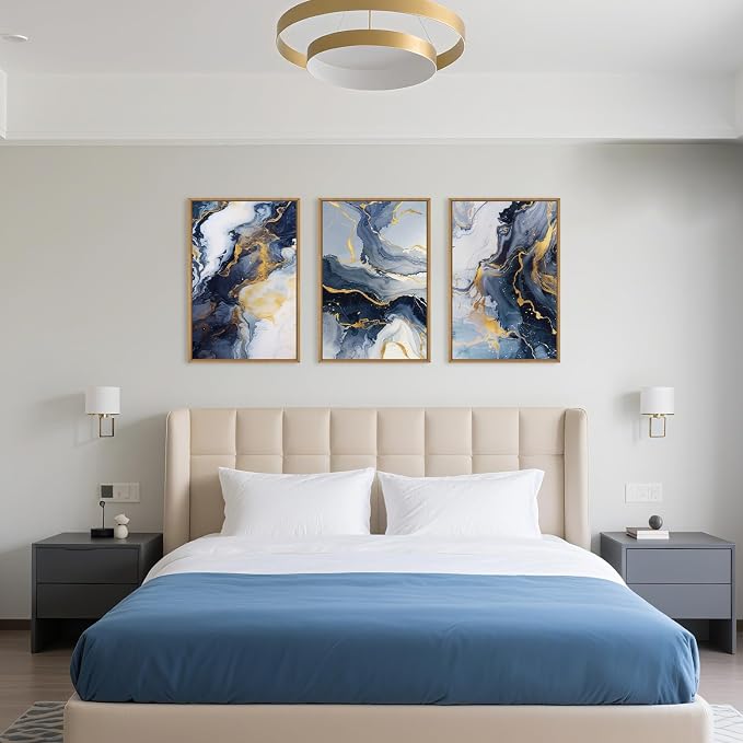 Navy Blue and Gold Framed Canvas Wall Art Set,Mid-Century Modern Abstract Wall Decor,Navy Blue Ink Wash Painting,Neutral Art Print for Living Room,Bedroom,Dining Room,Office - 24"x36"x3