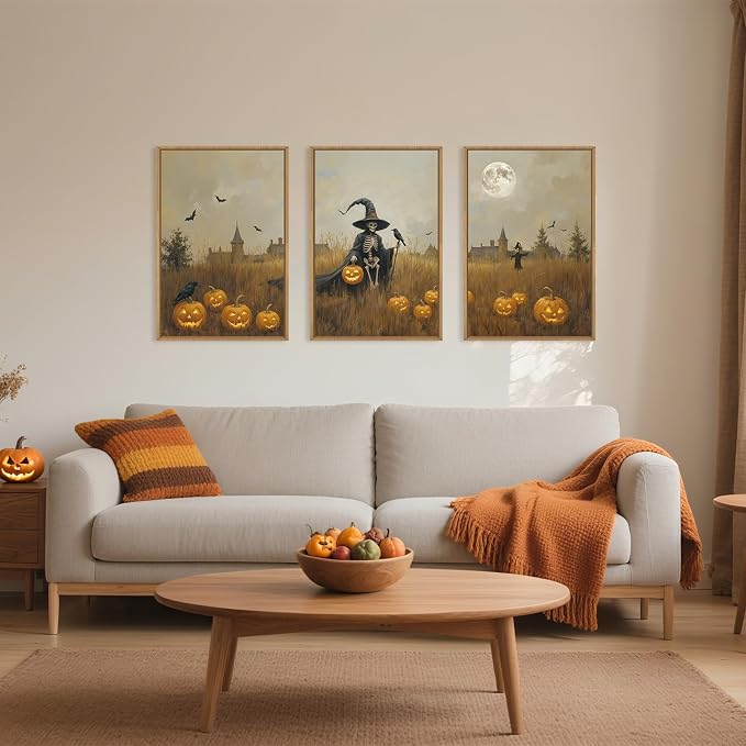 Halloween Ghost Reaper Framed Wall Art Set,Scary Witchy Pumpkin Wall Decor,Horror Night Wall Painting,Full Moon Bats Artwork for Living Room,Bedroom,Halloween Themed Party-24×36"×3