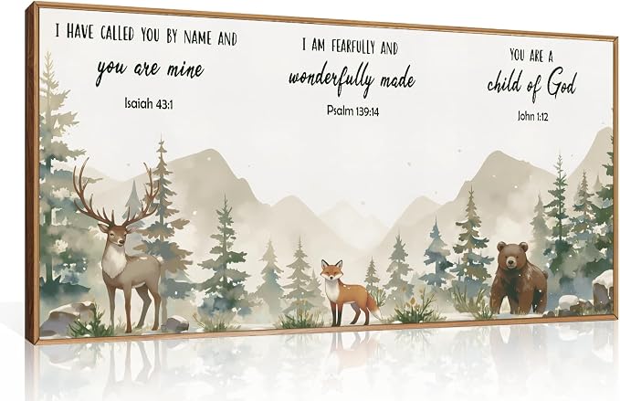 HPNIUB Woodland Animal Christian Framed Wall Art Set,Bible Verse Quote Wall Decor,Nature Forest Religious Art Print,Misty Forest Deer Bear Fox Artwork for Nursery,Kids Bedroom,Study Room-20"x40"