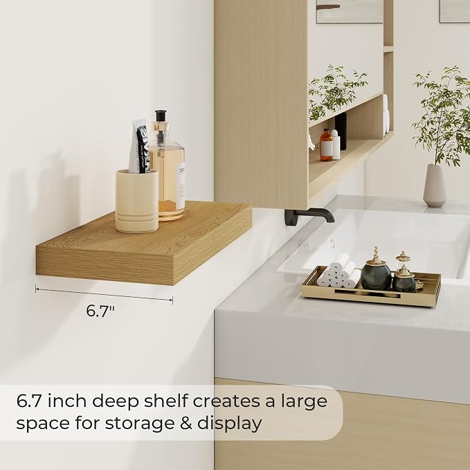 Dreamland 16" Floating Shelves 6.7" Deep Wall Mounted Set of 2 Oak | Wall shelves for bathroom, bedroom, Living Room, kitchen, deep wall mount wood storage display for home decor 16" x 6.7"