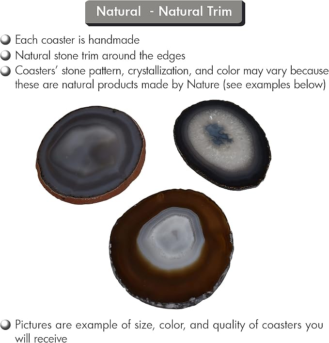 Nature's Decorations Natural Agate Stone Coasters - Set of 4 Polished Geode Drink Mats for Dining & Coffee Table & Kitchen Decor No Dye 3.5-4" Diameter