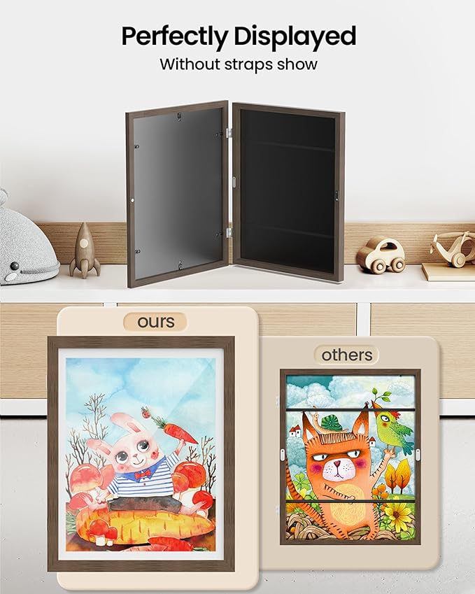 BAIJIALI Brown Art Frames for Kids Artwork - Front Opening Holds 150 Drawings, 3D Crafts - 3 Packs 8.5x11 with mat or 9x12 without Mat