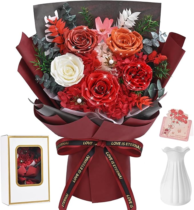 5 Pcs Glitter Red Preserved Roses Flowers Bouquet, Forever Rose Flowers for Delivery, Birthday Gifts for Women, Long-Lasting Red Roses with Vase Gift Box, Forever Flowers for Wife Mothers Day