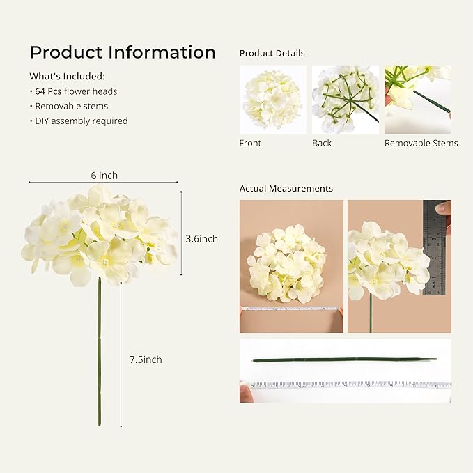 Auihiay 64pcs Silk Hydrangea Artificial Flowers, Champagne Artificial Hydrangea Flowers with Stems, Full Hydrangea Flowers for Wedding Centerpieces, Home, Garden, Party Decoration (Champagne)