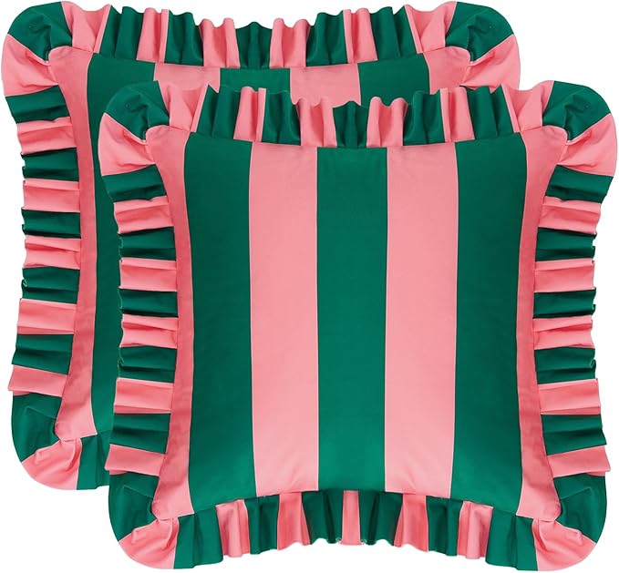 MONDAY MOOSE Decorative Throw Pillow Covers, Set of 2 Water-Resistant Striped Design with Ruffle Edge for Outdoor/Indoor Use, Pillow Inserts Not Included (16x16 inch, Pink/Dark Teal)