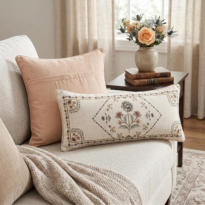 ISAENNE Designer Vintage Linen Throw Pillow Cover,28"x12"-Cornucopia B | Elegant French Rectangle Pillow Cover,Concealed Zipper Design,Floral Pattern,Sofas,Bedroom,Living Room,Lounge Chairs