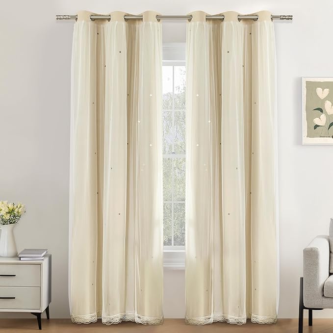 XiDi Biege Blackout Curtains 96 Inches Long for Bedroom Living Room 2 Panels Double Layer Curtains with Sheer Overlay Star Cut Out Wall Home Kid Girl Decor Thermal Grommet Window Drapes W34 X L96