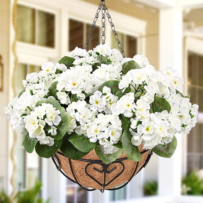 Waipfaru 2 Set Artificial Geraniums for Outdoors with Hanging Baskets, 12 Bundles UV Resistant Artificial Outdoor Plants, Fake White Flowers for Spring Front Porch Home Patio Balcony Yard Decor