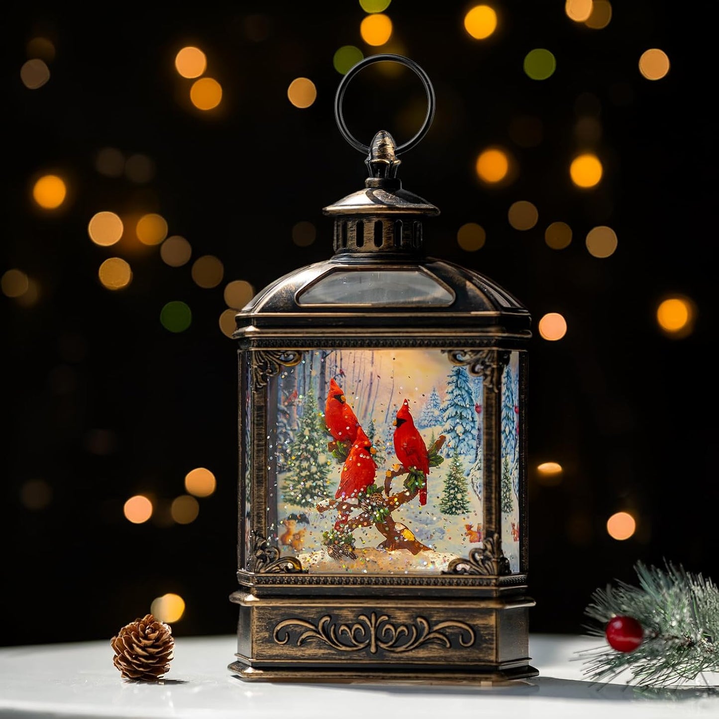 Christmas Snow Globe Water Glittering Cardinal with Music, USB Lined/Battery Operated Lighted Lantern for Christmas Festival Decoration Gifts