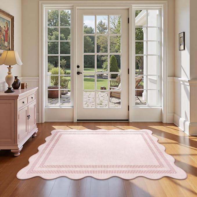 Washable 3x5 Indoor Entryway Rug, Solid Pink Non Slip Rugs for Bedroom Girls, Stain Resistant Scalloped Soft Carpet for Nursery Dorm Kitchen