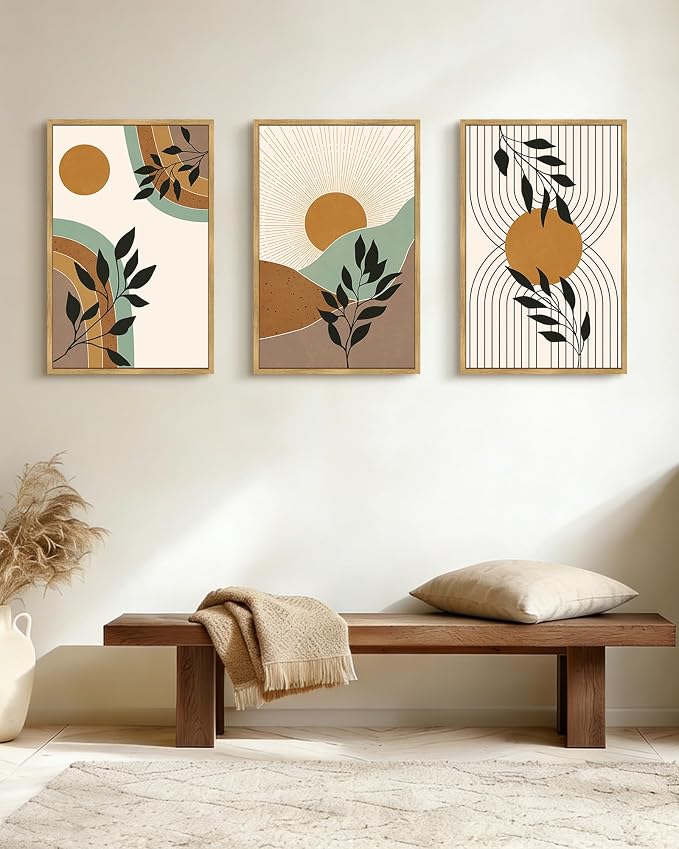 PHOPAGO Boho Abstract Wall Art Large 16x24in Botanical Mid Century Modern Framed Wall Printing Neutral Geometric Prints Bohemain Sage Decor for Farmhouse Home Office - Natural Framed