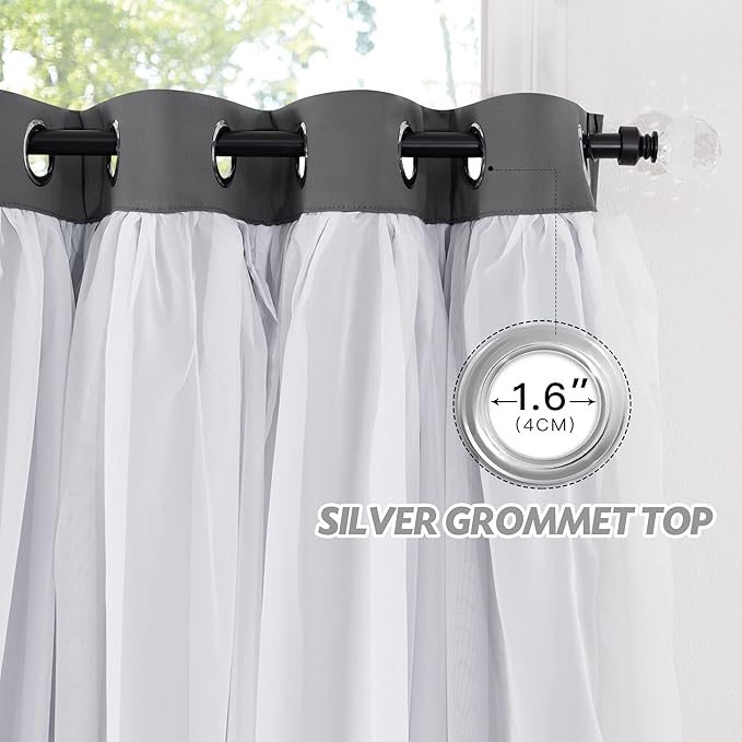 PONY DANCE Ruffle Sheer Overlay Blackout Curtains for French Country Bedroom, Window Treatment Double Layer Drapes, Farmhouse Rustic Design, W 52 x L 84 Inches, Grey, 2 Panels