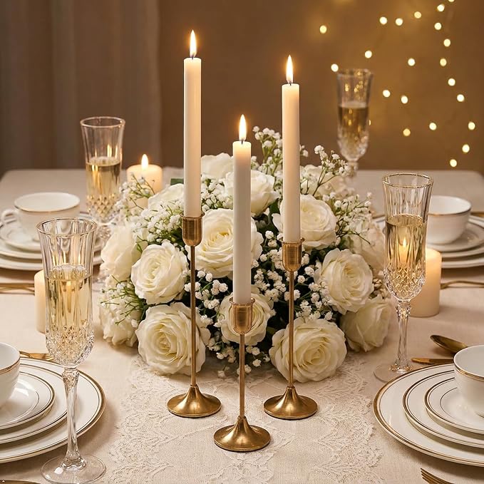 Gold Candlestick Holders Taper Candle Holders, Brass Metal Candle Stick Holders Set of 3, Vintage Modern Decorative Table Centerpiece for Candlelight Dinner, Mantel Wedding Housewarming Décor