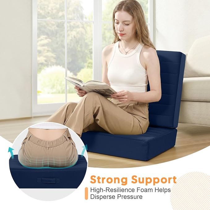 MeMoreCool Square Floor Pillows for Adults Kids, 2 Sets Large Meditation Cushion with 5" Thick Foam and Washable Tufted Cover, 24 Inch Navy Seat Floor Cushions for Sitting and Yoga